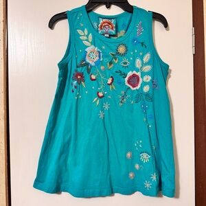 Johnny Was Embroidered Teal Sleeveless Top